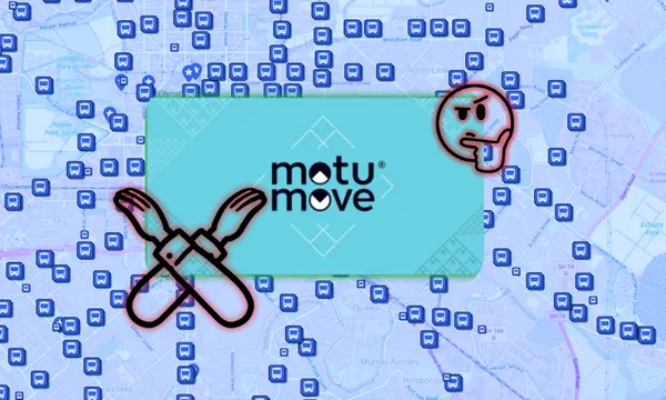 a background of blue buses on a map with a glowing-red picture of a quizical face and the teal motu move card
