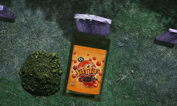 aerial image of a bag of jaffas in a grave..... rest in peace