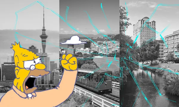 grandpa from the simpsons yells at cloud. cityscapes of Auckland, Wellington and Christchurch in the background