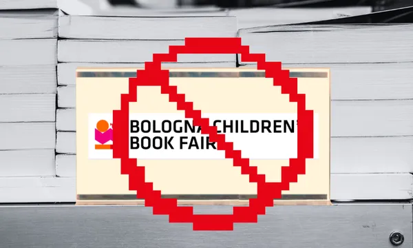 A background of books with the logo for the Bologna Children's Book Fair overlaid, and a "No Go" sign over that.