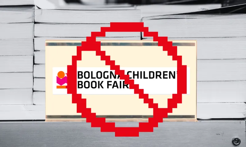 A background of books with the logo for the Bologna Children's Book Fair overlaid, and a "No Go" sign over that.