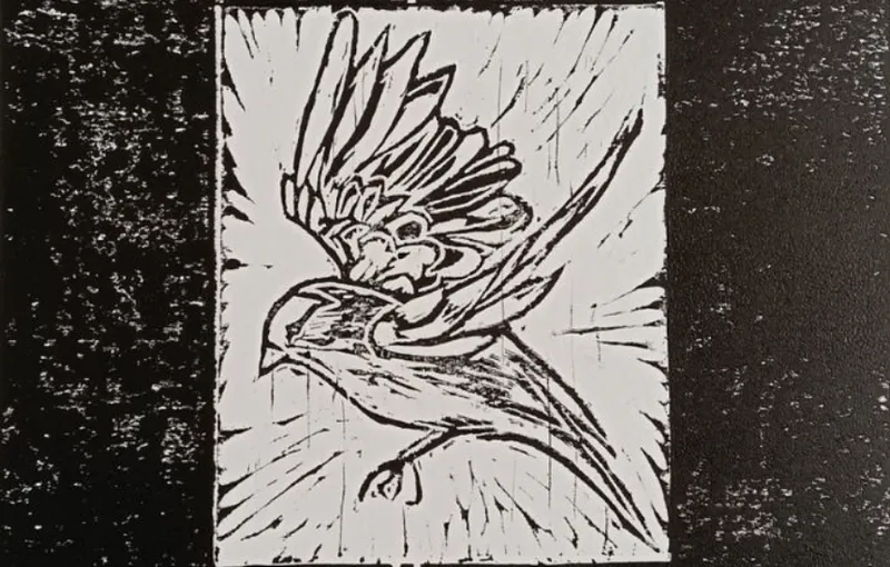 wood block print of a bird