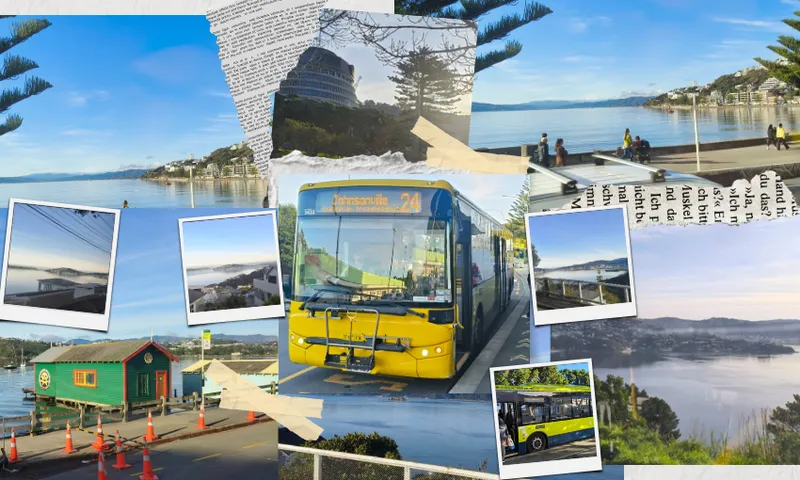 A photo collage of scenes from out a bus window, mostly views of Wellington harbour. A yelloe Metlink bus in the centre.
