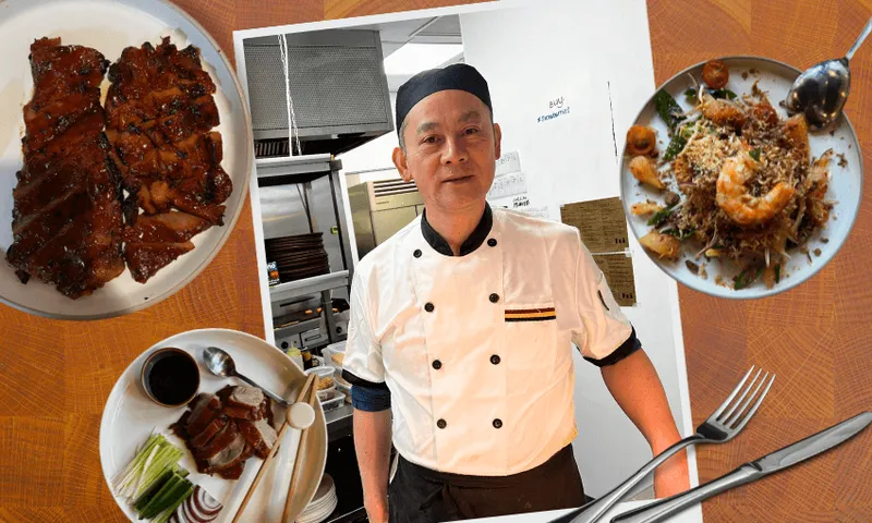 A chef in a white uniform and black hat stands in a kitchen, surrounded by images of plated dishes including glazed ribs, shrimp pasta, and duck with pancakes, sauce, and green onions.
