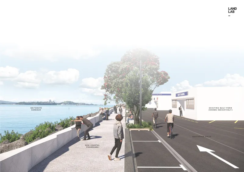 A waterfront promenade features people walking, cycling, and enjoying views of the harbour. Trees line the path, and there is a building labeled "Existing Built Form" on the right. The sea and distant land are visible on the left.