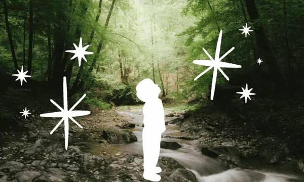 A forest with the silhouette of a small boy standing in awe with sparks all around him.