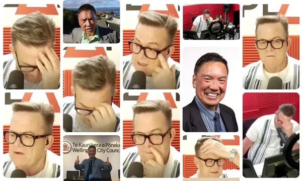A collage of screenshots of Sean Plunket interviewing Ray Chung