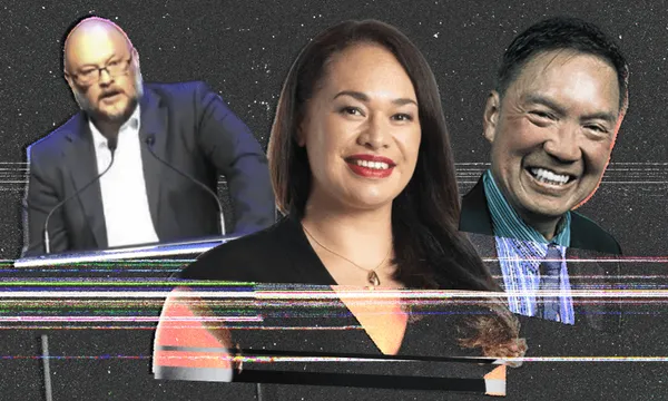 two men in suits, one speaking and one smiling to camera, and a woman with long hair smiling to camera