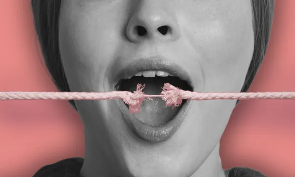 a large open mouth speaking with a frayed rope over top and a salmon pink background