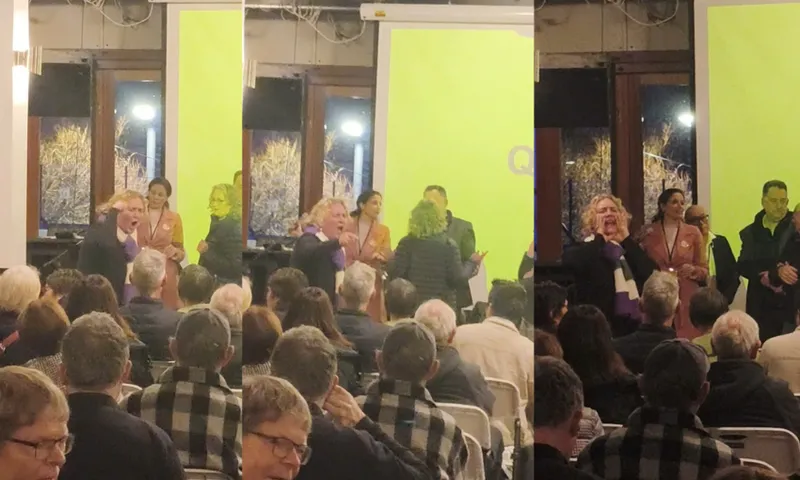 three split photos: a woman yells at a crowd, standing in front of a yellow screen