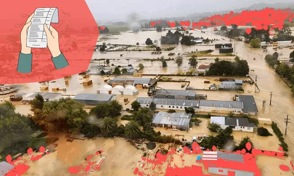 A flooded town with buildings, trees, and roads submerged in muddy water. A graphic of hands holding a long checklist appears in the top-left corner, with red highlights scattered throughout the image.
