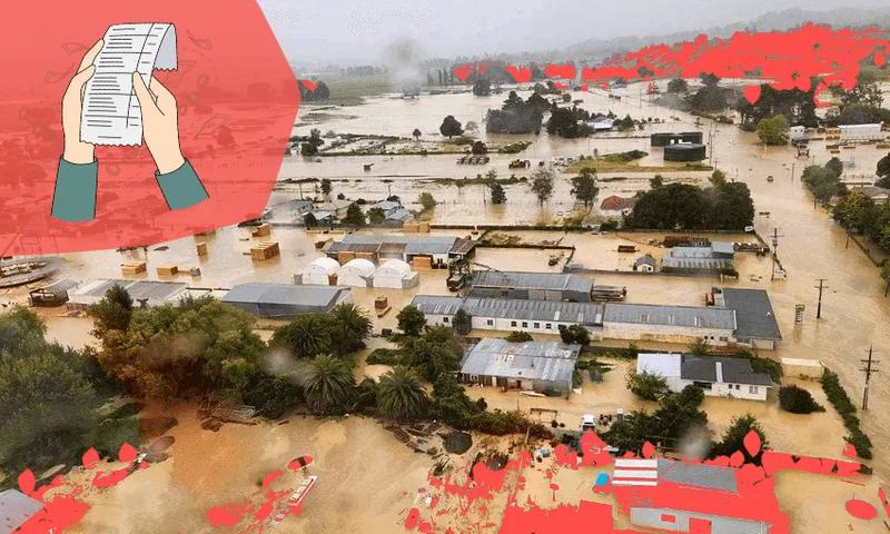 A flooded town with buildings, trees, and roads submerged in muddy water. A graphic of hands holding a long checklist appears in the top-left corner, with red highlights scattered throughout the image.