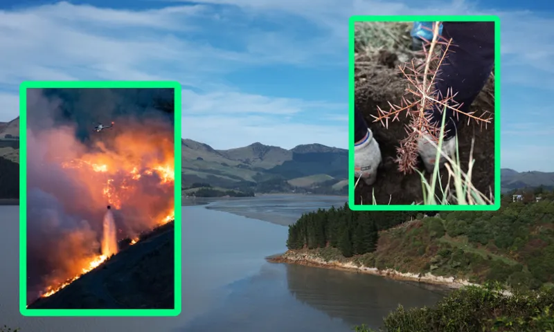 a peninsula sticking into the sea, with inset images of a hill on fire and hands planting a tōtara tree
