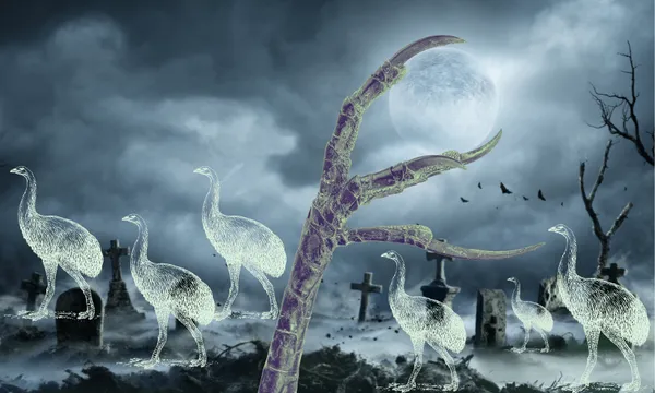 A ghostly scene of a graveyard at night, with a large bird claw in the foreground and several transparent, ghost-like birds among tombstones under a full moon. Dark, leafless trees and flying bats complete the eerie atmosphere.