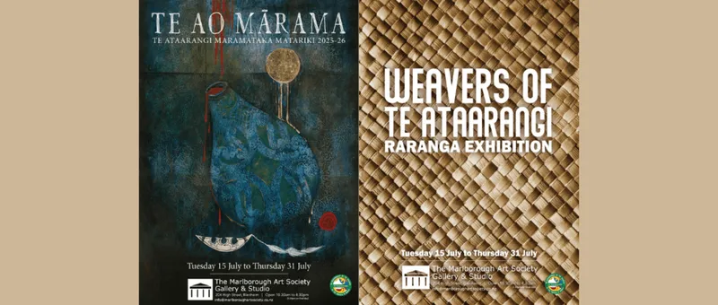 two posters side by side. One has a painting of a calabash the other is a photo of a naturally coloured weaving