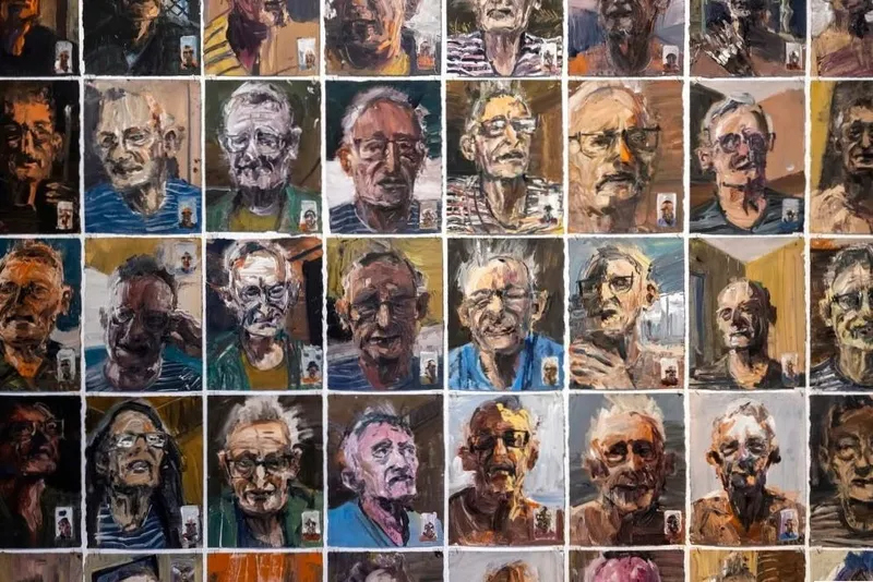 a grid of loosely painted portraits of an older man with glasses