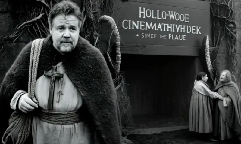 A screenshot from the Hollywood Avondale PSA showing AI-generated Russell Crowe in front of a sign misspelling Hollywood and cinema.
