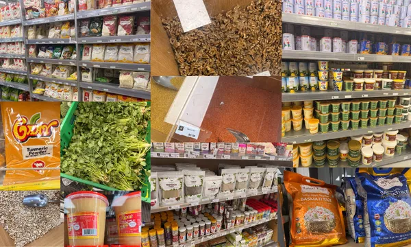 a colourful collage of photos showing shelves and products in an indian supermarket