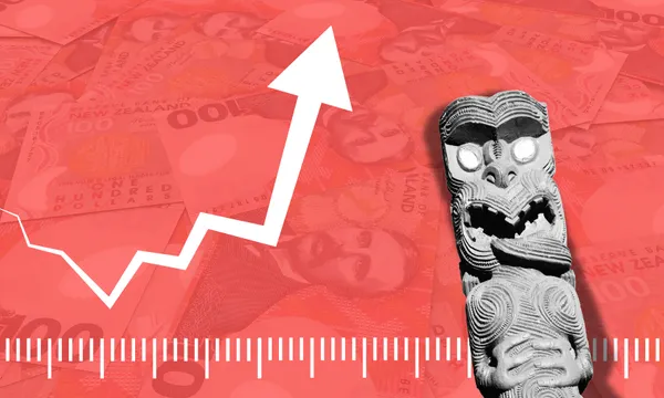 A white upward arrow and ruler graphic overlay New Zealand $100 bills, with a traditional Māori carving on the right, symbolising financial growth or economic progress in New Zealand.