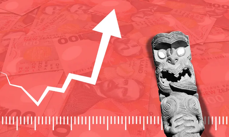 A white upward arrow and ruler graphic overlay New Zealand $100 bills, with a traditional Māori carving on the right, symbolising financial growth or economic progress in New Zealand.