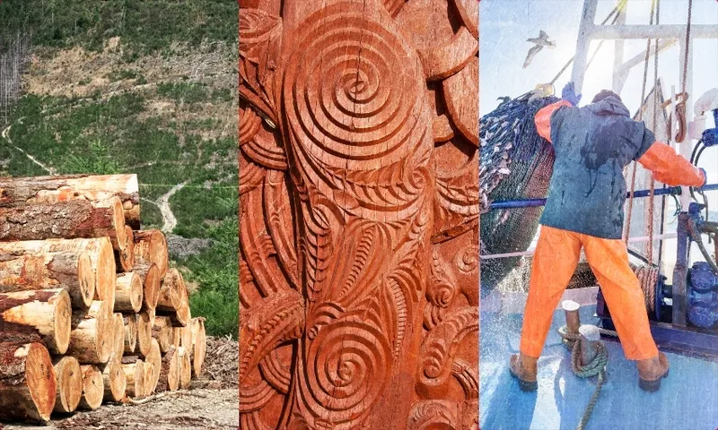 A collage showing stacked logs in a forest, intricate wood carving with swirling patterns, and a person in orange rain gear working on a fishing boat.
