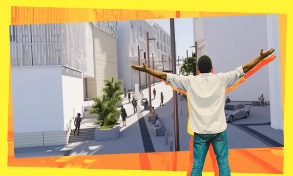 A person stands with arms outstretched, facing a large, modern urban street scene with buildings, trees, cars, and people walking, bordered by a bright yellow frame.
