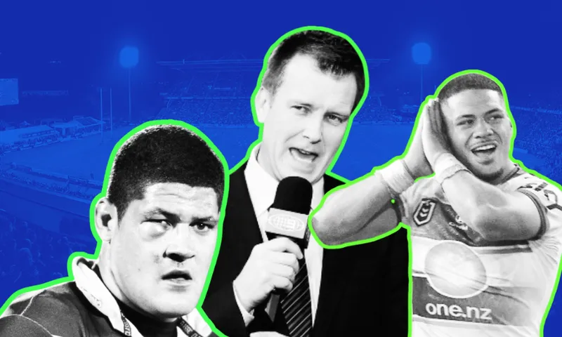 Three men are in the foreground: a rugby league player with a bruised face, a sports reporter holding a microphone, and another rugby league player celebrating. The background features a blue-tinted stadium scene.