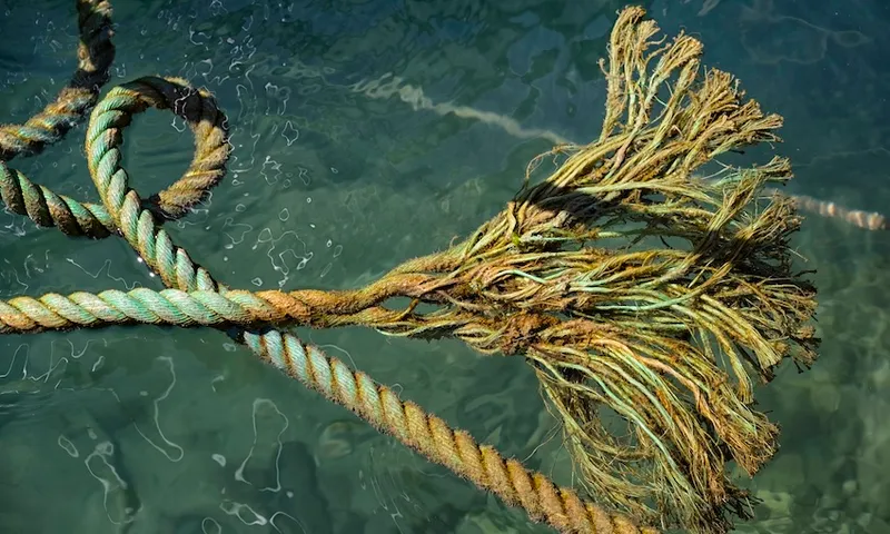 A frayed and weathered rope with loose strands floats on clear blue-green water, its fibres worn and unraveling.