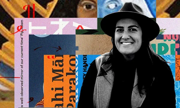 A black and white photograph of a smiling woman with a collage of book covers behind her.