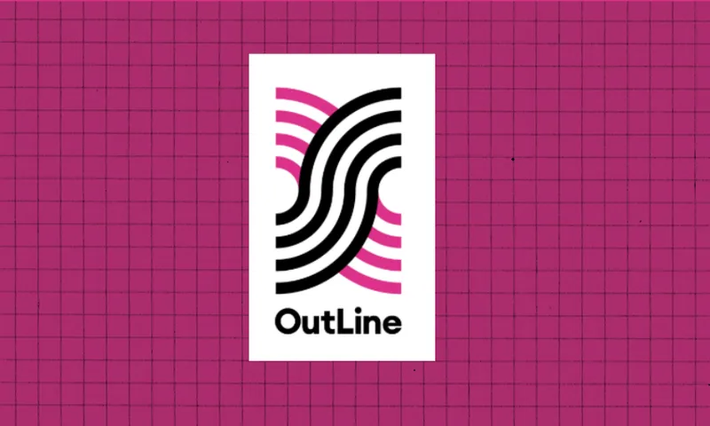 A white rectangle with the OutLine logo features bold black curved lines and curved pink lines beside them, above the text "OutLine." The background is a pink grid pattern.