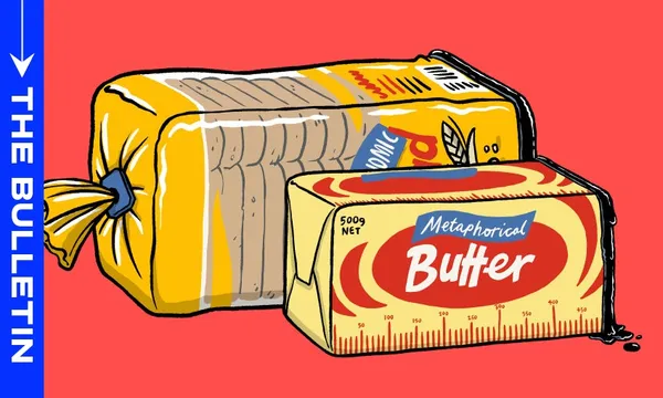 An illustration of a loaf of sliced bread in yellow packaging and a block of butter labeled "Metaphorical Butter" on a red background, with "THE BULLETIN" written on a blue vertical bar at the left.