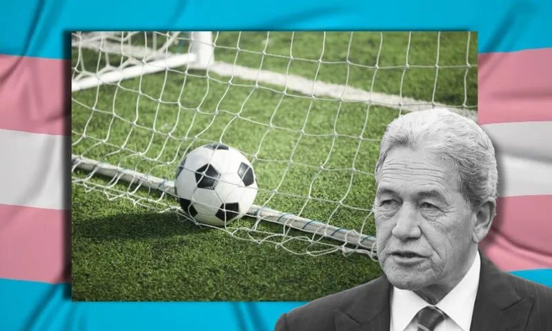 a blue, pink and white trans flag in the background with an image of a soccer ball in the net of a goal. on the left a black and white portrait of Winston Peters