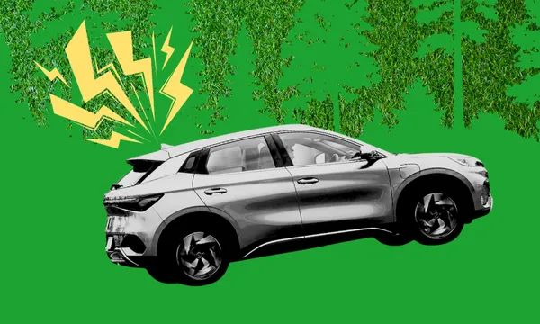 A black and white car is shown on a green background with trees and yellow lightning bolts coming from its rear, suggesting energy or electricity.
