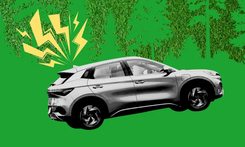 A black and white car is shown on a green background with trees and yellow lightning bolts coming from its rear, suggesting energy or electricity.
