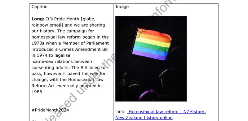 a screenshot of a social media briefing with text explaining some New Zealand homosexual law reform history and a photo of a rainbow flag