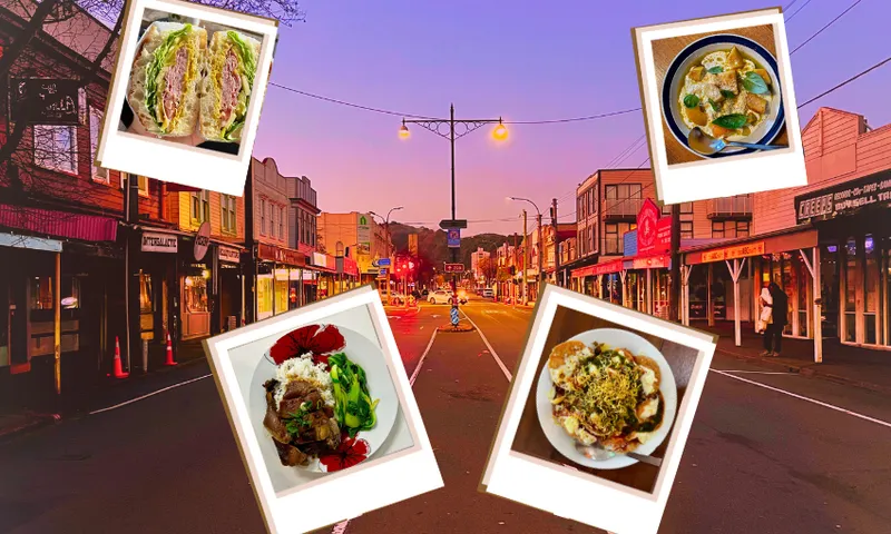 An empty street at dusk. Polaroid photos of food.