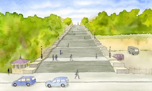 watercolour painting of large, impressive concrete steps stretching in the distance with trees on either side