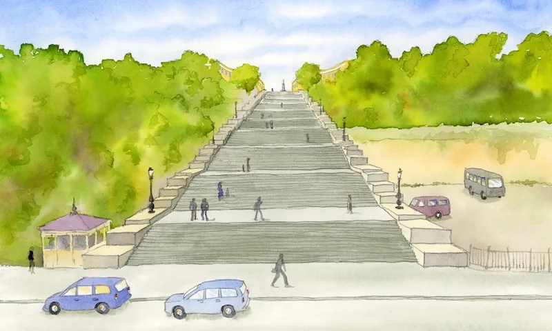 watercolour painting of large, impressive concrete steps stretching in the distance with trees on either side
