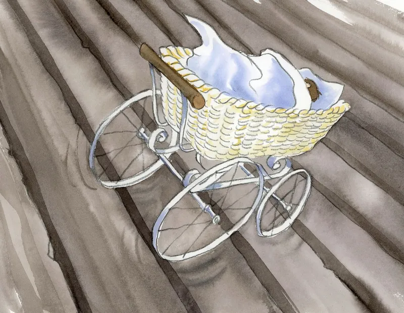 watercolour painting of a basket pram with a baby inside, rolling down large concrete steps
