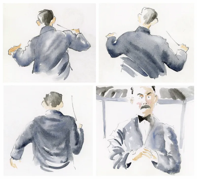 a grid of four watercolour portraits of a man in a black suit and bowtie, conducting