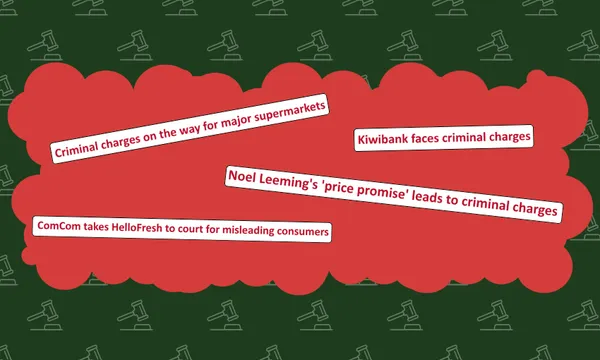 Several headlines about criminal charges and court cases involving companies are displayed over a dark green background with pale gavel icons and a red cloud shape highlighting the headlines.