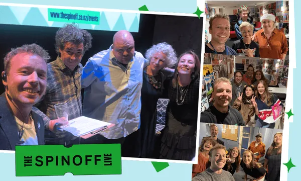 A collage with a group of five people posing on stage, and three smaller photos of smiling groups and individuals, all part of "The Spinoff Live" event. Green accents decorate the collage.