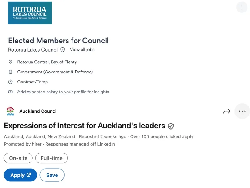 A screenshot showing job listings for local government roles at Rotorua Lakes Council and Auckland Council, with details on locations, job types, and application buttons for each position.