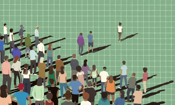 Illustration of a diverse group of people standing on a green grid, with a few individuals separated from the crowd, casting long shadows.