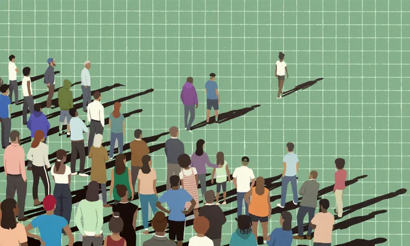 Illustration of a diverse group of people standing on a green grid, with a few individuals separated from the crowd, casting long shadows.