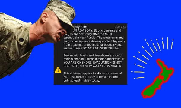 A stern soldier yells next to a tsunami emergency alert text, with a warning symbol and a green-and-red map of New Zealand on a bright blue background.
