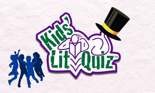 The Kids' Lit Quiz logo with a top hat and silhouette of celebrating kids.