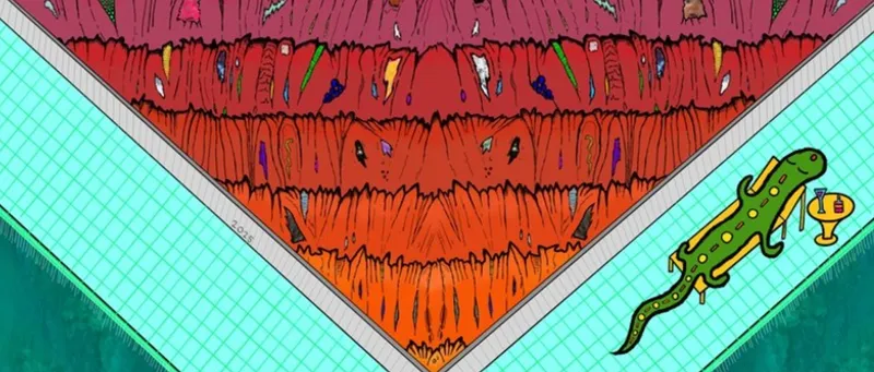 All illustration - birds eye view angle - I'm not sure what's happening in the middle perhaps it is abstract. On the right had side a lizard is reclining on a sun lounger with a little table with a cocktail next to it