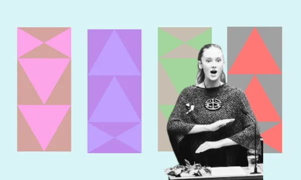 A black-and-white photo of a woman gesturing while speaking at a podium, over a pastel background with three colourful geometric panels featuring triangles in pink, purple, and red.