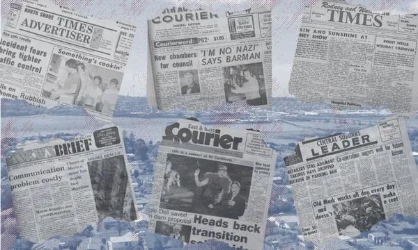 A collage of vintage newspaper clippings featuring various headlines, articles, and black-and-white photos, overlaid on a faded cityscape background.